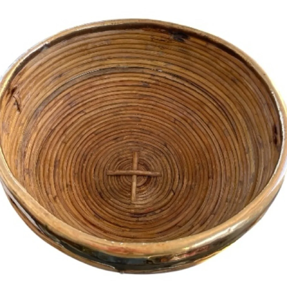 Vintage pencil reed basket with brass trim, handmade, could be polished